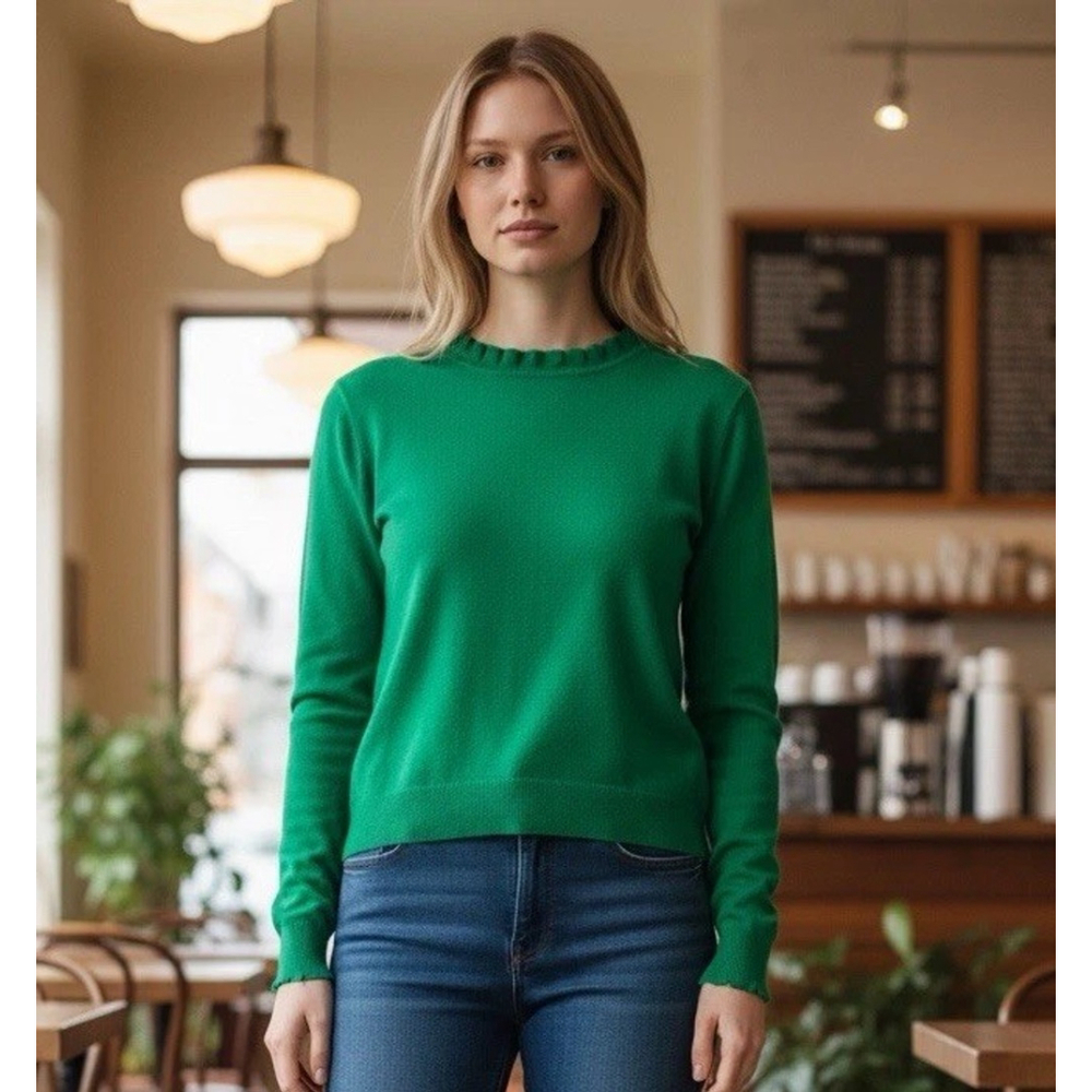 J Crew Womens Green Ruffleneck Sweater 100% Cotton Office Casual